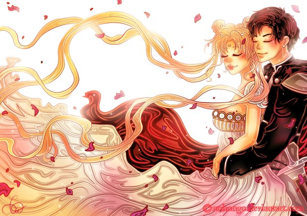 Anime picture 1600x1129 with bishoujo senshi sailor moon toei animation princess serenity prince endymion nohongo (artist) long hair blush short hair simple background blonde hair smile brown hair white background twintails eyes closed very long hair wind lips hair bun (hair buns) couple