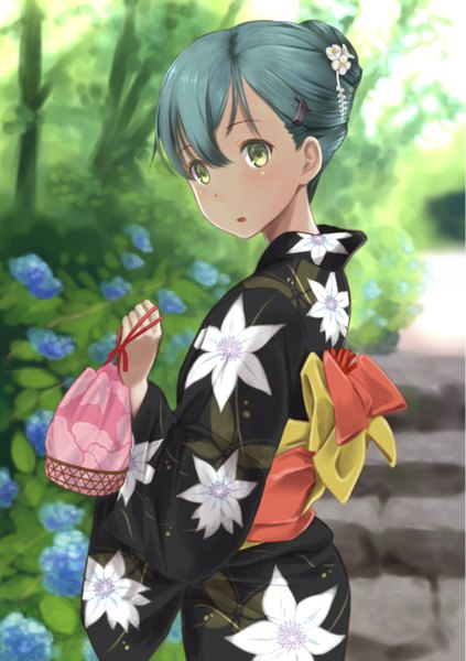 Anime picture 1020x1447 with kantai collection suzuya heavy cruiser wa (genryusui) single tall image looking at viewer blush short hair green eyes traditional clothes japanese clothes green hair hair bun (hair buns) turning head floral print girl hair ornament flower (flowers) obi yukata