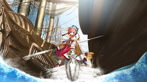 Anime picture 1200x675 with original kouji (astral reverie) blue eyes wide image red hair fantasy hat water spear watercraft ship polearm boat