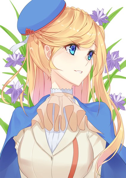 Anime picture 1200x1697 with warship girls r richelieu (warship girls r) 5plus single long hair tall image blue eyes blonde hair looking away upper body parted lips alternate costume floral background girl flower (flowers) beret neckerchief iris (flower)
