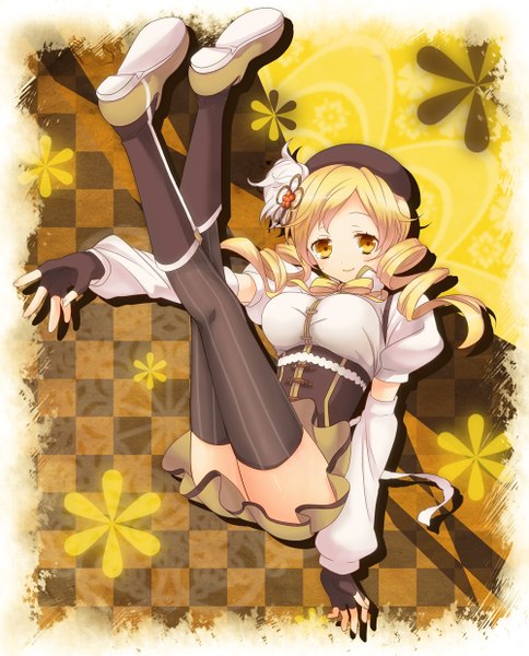 Anime picture 1000x1239 with mahou shoujo madoka magica shaft (studio) tomoe mami yasutada single long hair tall image blonde hair yellow eyes legs drill hair girl thighhighs dress detached sleeves fingerless gloves striped thighhighs