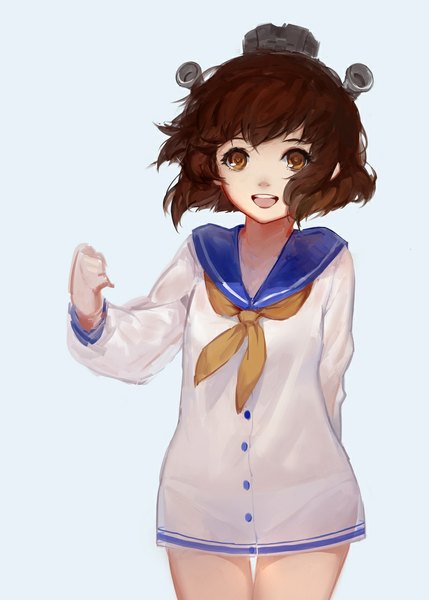 Anime picture 800x1118 with kantai collection yukikaze destroyer sola7764 single tall image looking at viewer fringe short hair open mouth light erotic simple background smile brown hair standing brown eyes arm up happy blue background arm behind back girl