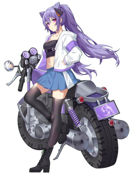 Anime picture 4653x6128 with genshin impact keqing (genshin impact) mxr single long hair tall image fringe highres simple background hair between eyes standing white background purple eyes twintails absurdres purple hair full body bent knee (knees) pleated skirt midriff