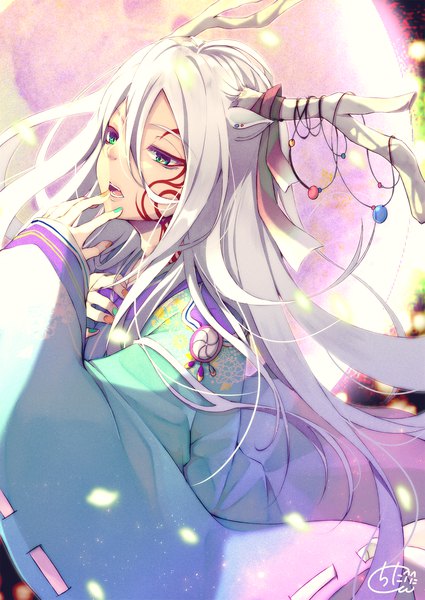 Anime-Bild 1417x2000 mit original chita (ketchup) single long hair tall image fringe open mouth hair between eyes green eyes signed looking away silver hair upper body nail polish traditional clothes japanese clothes horn (horns) fingernails wide sleeves floating hair