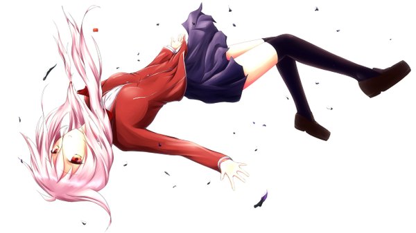 Anime picture 1280x720 with guilty crown production i.g yuzuriha inori single long hair simple background red eyes wide image white background pink hair legs flying girl thighhighs skirt uniform black thighhighs school uniform miniskirt shoes