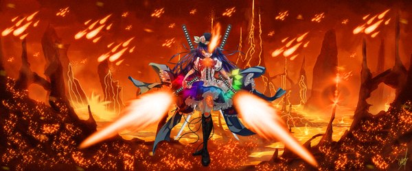 Anime picture 1440x600 with touhou hinanawi tenshi sousakubito archang3lzz long hair wide image yellow eyes blue hair glowing scar bleeding girl dress bow weapon hat thigh boots fire huge weapon huge sword