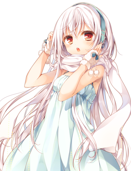 Anime picture 1024x1330 with original kasako (kasu) komeshiro kasu single long hair tall image looking at viewer blush fringe open mouth simple background red eyes white background silver hair hand on headphones hands on head girl dress headphones scarf