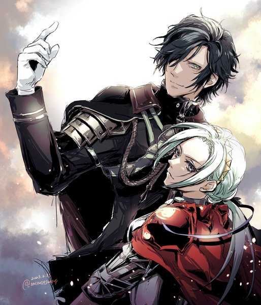 Anime picture 1886x2200 with fire emblem fire emblem: three houses fire emblem warriors: three hopes nintendo edelgard von hresvelg hubert von vestra oneinchswing long hair tall image looking at viewer fringe highres short hair black hair smile purple eyes green eyes signed upper body white hair