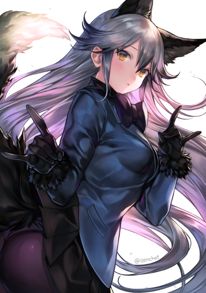 Anime picture 568x804 with kemono friends silver fox (kemono friends) senchat single long hair tall image looking at viewer blush fringe light erotic simple background hair between eyes white background brown eyes signed animal ears silver hair tail animal tail pleated skirt