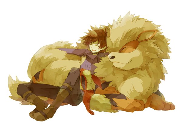 Anime picture 1152x800 with pokemon nintendo flareon green (pokemon) arcanine hana (mew) short hair open mouth simple background brown hair white background sitting eyes closed happy gen 1 pokemon boy animal pendant thigh boots