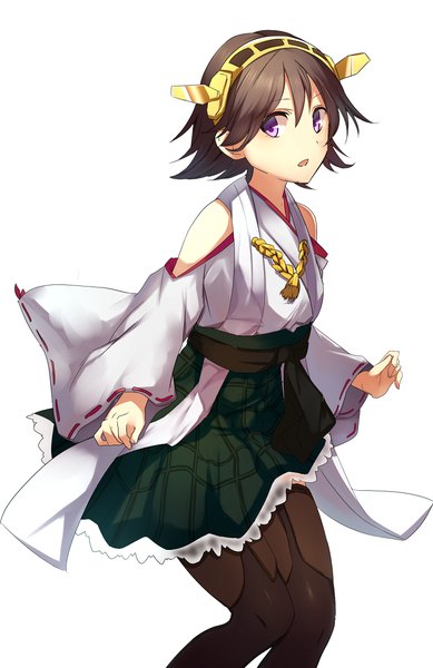Anime picture 800x1233 with kantai collection hiei battleship ashiwara yuu single tall image short hair open mouth black hair simple background white background purple eyes traditional clothes nontraditional miko girl skirt hair ornament detached sleeves thigh boots