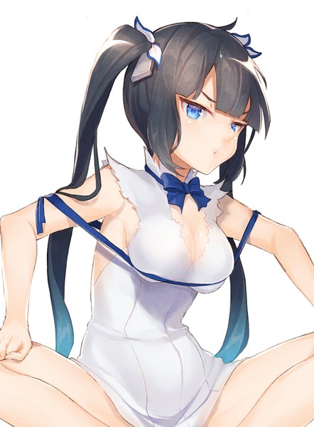 Anime picture 796x1080 with dungeon ni deai wo motomeru no wa machigatteiru darou ka j.c. staff hestia (danmachi) gi (melmail) single long hair tall image looking at viewer blush fringe breasts blue eyes light erotic black hair simple background white background sitting twintails cleavage sleeveless