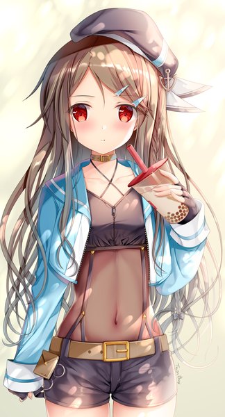 Anime picture 1276x2362 with azur lane gong cha kimberly (azur lane) sousouman single long hair tall image looking at viewer blush fringe simple background red eyes brown hair standing holding signed braid (braids) long sleeves open jacket :t