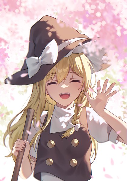 Anime picture 2100x3000 with touhou kirisame marisa kurobikari single long hair tall image fringe highres open mouth blonde hair hair between eyes upper body outdoors braid (braids) eyes closed side braid ^ ^ ^o^ double buttons waving