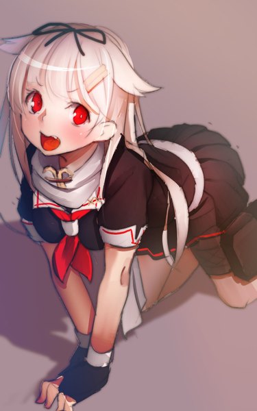 Anime picture 900x1440 with kantai collection yuudachi destroyer namago single long hair tall image looking at viewer blonde hair red eyes shadow on all fours remodel (kantai collection) girl skirt gloves hair ornament ribbon (ribbons) hair ribbon miniskirt fingerless gloves