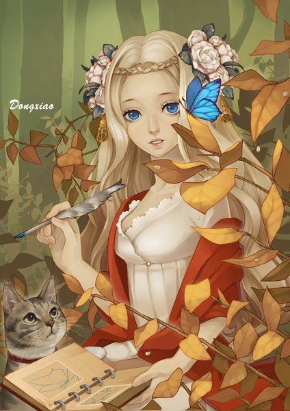 Anime picture 2480x3508 with original dong xiao single long hair tall image looking at viewer highres open mouth blue eyes blonde hair holding braid (braids) hair flower inscription teeth drawing girl dress hair ornament flower (flowers)