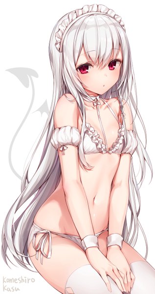 Anime picture 1503x2843 with original komeshiro kasu single long hair tall image looking at viewer blush fringe breasts light erotic simple background hair between eyes red eyes white background sitting signed payot white hair tail underwear only