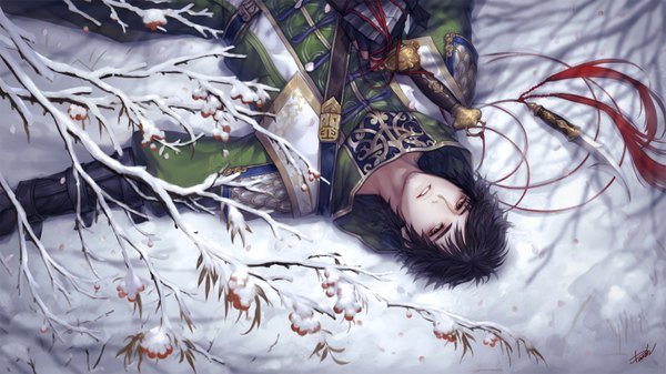 Anime picture 1500x844 with shin sangoku musou danhu single long hair looking at viewer black hair wide image holding brown eyes signed outdoors lying head tilt lips on back looking up winter snow eyebrows boy