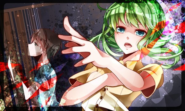 Anime picture 2000x1200 with vocaloid gumi nou highres short hair open mouth brown hair wide image profile aqua eyes green hair girl boy