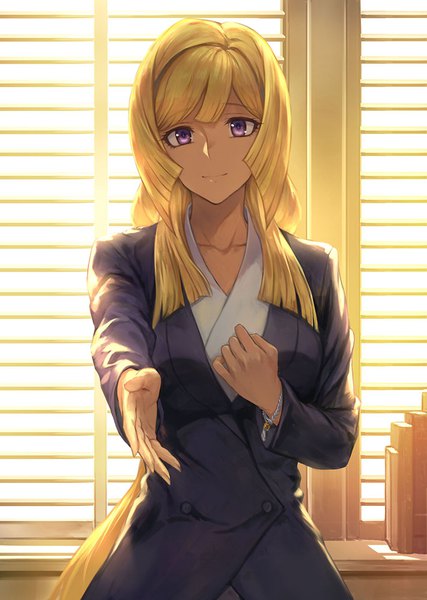 Anime picture 711x1000 with mobile suit gundam gundam tekketsu no orphans sunrise (studio) kudelia aina bernstein guchico single long hair tall image looking at viewer fringe breasts blonde hair smile purple eyes indoors head tilt outstretched hand girl bracelet window