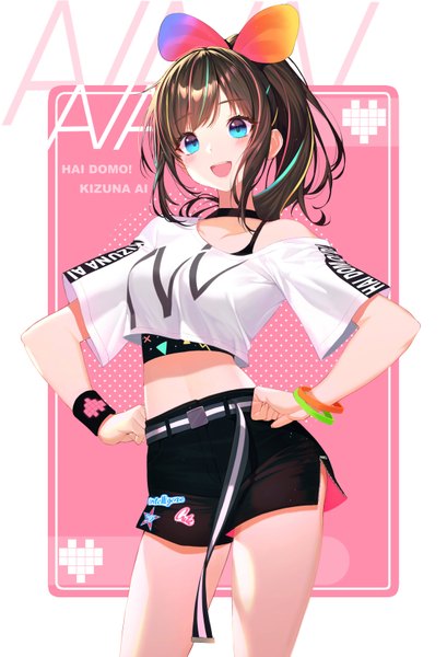 Anime picture 2244x3293 with virtual youtuber a.i. channel kizuna ai kizuna ai (musician) peulopi single long hair tall image looking at viewer blush fringe highres breasts open mouth blue eyes simple background smile brown hair standing ponytail