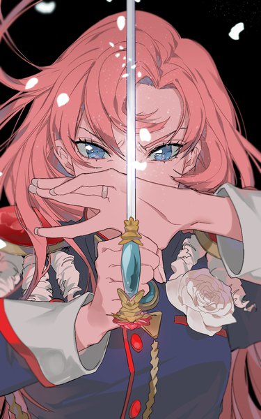 Anime picture 937x1500 with revolutionary girl utena j.c. staff tenjou utena s2riridoll single long hair tall image looking at viewer blue eyes simple background holding pink hair wind black background girl flower (flowers) weapon petals rose (roses) ring