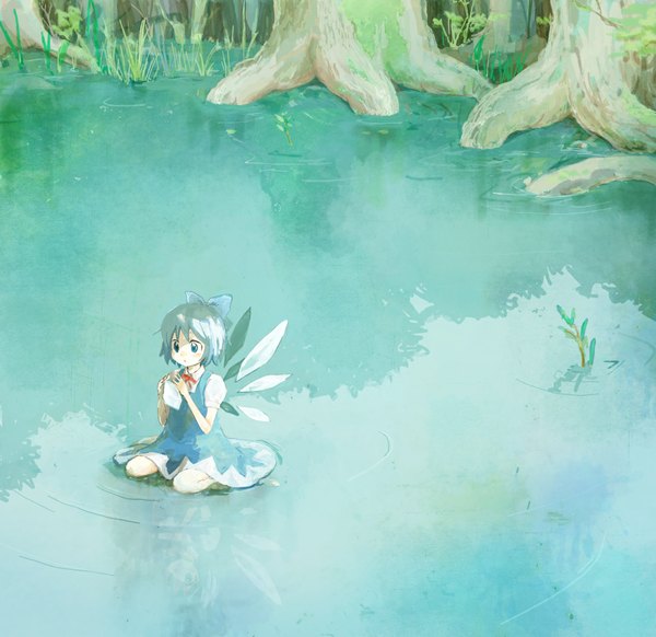Anime picture 1133x1100 with touhou cirno poncho (pixiv) single blush short hair open mouth blue eyes sitting blue hair reflection lake girl dress bow plant (plants) hair bow wings tree (trees) water