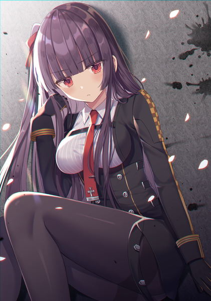 Anime picture 1228x1749 with girls frontline wa2000 (girls frontline) izumo neru single long hair tall image looking at viewer blush fringe breasts light erotic red eyes sitting payot purple hair blunt bangs dutch angle one side up light :<