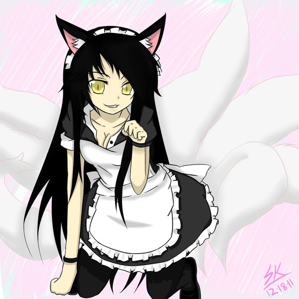 Anime picture 1750x1750 with league of legends ahri (league of legends) kansokusha single long hair looking at viewer highres black hair smile animal ears yellow eyes maid multiple tails girl thighhighs black thighhighs