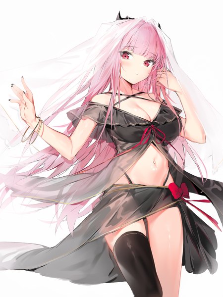 Anime picture 3000x4000 with virtual youtuber hololive hololive english mori calliope silver (chenwen) single long hair tall image looking at viewer blush fringe highres breasts light erotic simple background red eyes large breasts standing white background pink hair