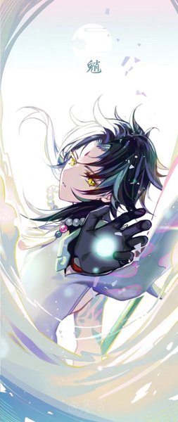 Anime picture 600x1424 with genshin impact xiao (genshin impact) ji yue single long hair tall image looking at viewer black hair yellow eyes tattoo character names forehead mark boy gloves black gloves