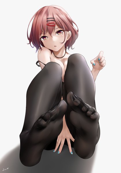 Anime picture 2100x3000 with idolmaster idolmaster shiny colors higuchi madoka guxu single tall image looking at viewer fringe highres short hair breasts open mouth light erotic simple background brown hair white background sitting purple eyes signed full body