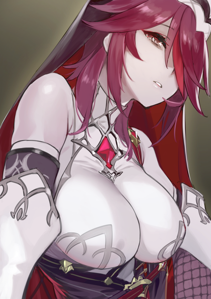 Anime picture 2121x3000 with genshin impact rosaria (genshin impact) 92m single tall image looking at viewer fringe highres short hair breasts light erotic simple background large breasts brown eyes upper body red hair parted lips hair over one eye grey background pale skin
