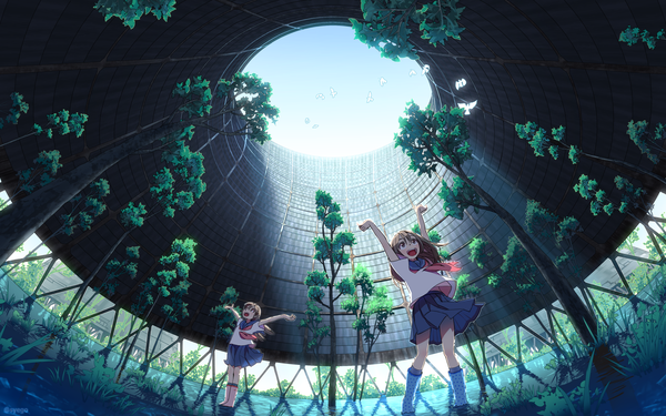 Anime-Bild 1920x1200 mit original shapoco long hair highres open mouth smile brown hair standing multiple girls brown eyes signed sky arms up from below twitter username partially submerged spread arms scenic overgrown girl