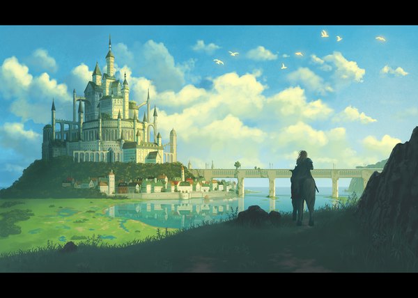 Anime picture 1753x1250 with original pixiv fantasia pixiv fantasia t doora (dora0913) single long hair highres blonde hair sitting sky cloud (clouds) outdoors from behind city reflection letterboxed fantasy scenic lake riding