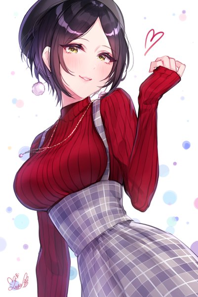 Anime picture 1659x2480 with idolmaster idolmaster cinderella girls idolmaster cinderella girls starlight stage hayami kanade mairo (ilo) single tall image looking at viewer blush short hair breasts black hair smile large breasts white background signed yellow eyes upper body arm up dutch angle