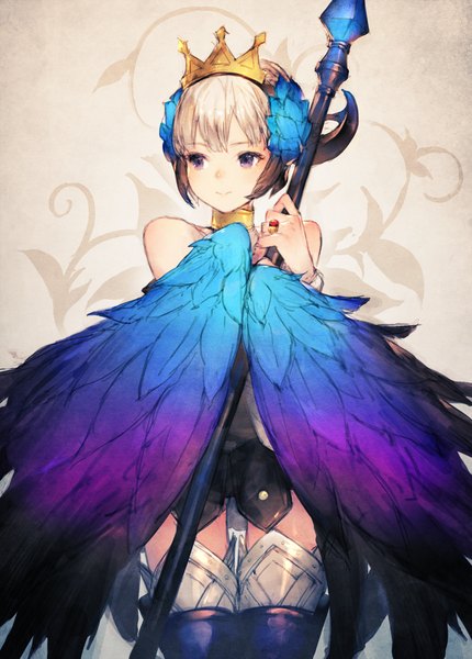 Anime picture 860x1200 with odin sphere vanillaware gwendolyn junwool single tall image fringe short hair smile purple eyes bare shoulders looking away white hair grey background girl weapon wings choker boots thigh boots