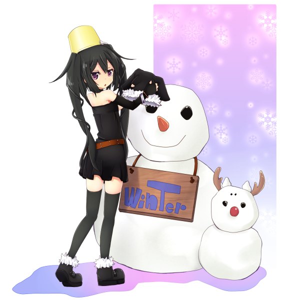 Anime picture 1200x1200 with original note-chan amano kouki single long hair black hair hair between eyes purple eyes twintails girl thighhighs dress gloves black thighhighs elbow gloves shoes snowman