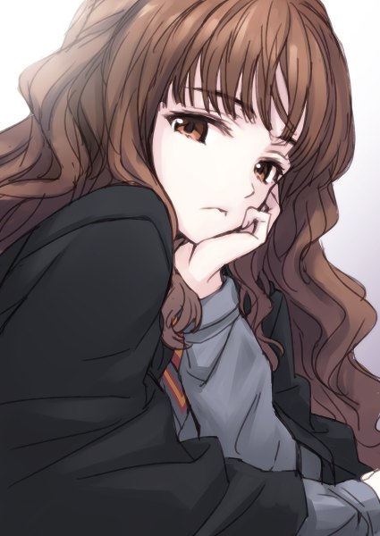 Anime picture 850x1200 with harry potter hermione granger matsuryuu single long hair tall image looking at viewer simple background brown hair brown eyes close-up chin rest girl uniform school uniform