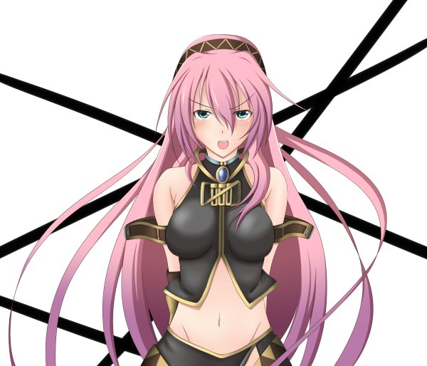 Anime picture 1200x1028 with vocaloid megurine luka minatsuki nao long hair open mouth blue eyes simple background white background bare shoulders pink hair midriff girl navel hairband