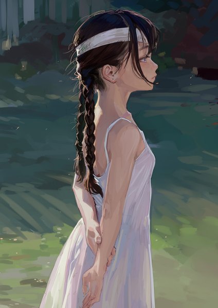 Anime picture 1000x1415 with original fkey single long hair tall image fringe brown hair standing bare shoulders signed payot looking away outdoors braid (braids) profile grey eyes twin braids holding arm girl dress