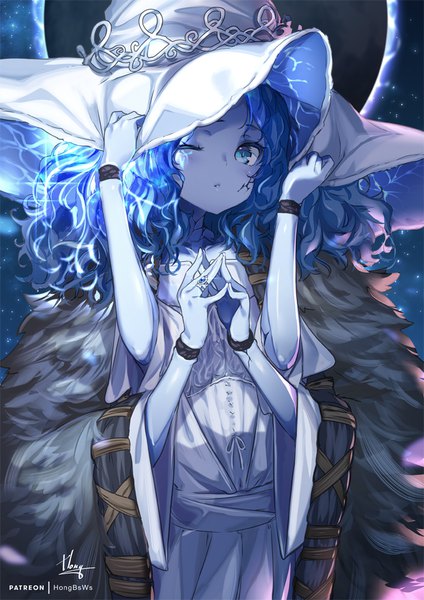 Anime picture 707x1000 with elden ring ranni the witch hong (white spider) single long hair tall image blue eyes signed blue hair upper body one eye closed pale skin adjusting hat witch fingers together blue skin extra arms eclipse girl hat