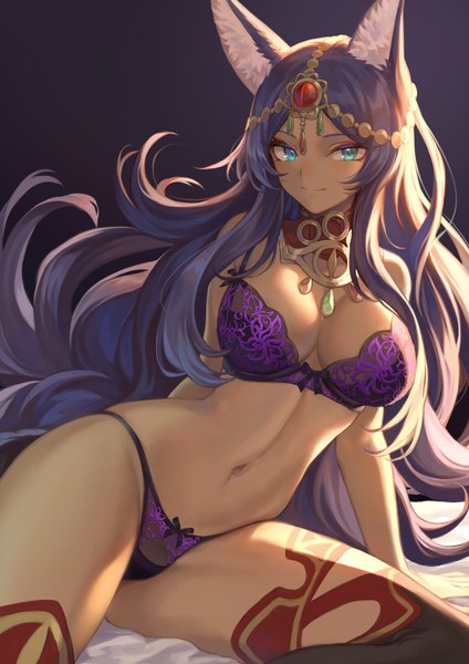 Anime picture 1302x1842 with fate (series) fate/grand order queen of sheba (fate) mashuu (neko no oyashiro) single tall image looking at viewer blush fringe breasts blue eyes light erotic simple background smile large breasts sitting bare shoulders animal ears cleavage purple hair