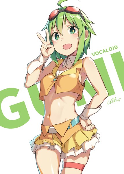 Anime picture 2220x3106 with vocaloid gumi cloba single tall image looking at viewer highres short hair breasts open mouth light erotic smile white background green eyes signed ahoge green hair bare belly copyright name character names