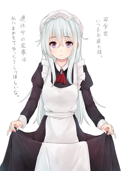 Anime picture 880x1200 with kantai collection hibiki destroyer verniy destroyer kiyomin single long hair tall image looking at viewer blush fringe smile standing white background purple eyes silver hair maid girl dress uniform
