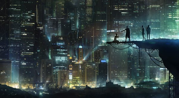 Anime picture 1280x704 with original jonas de ro (jenovah-art) wide image standing holding night kneeling city cityscape walking city lights boy weapon gun building (buildings) chain