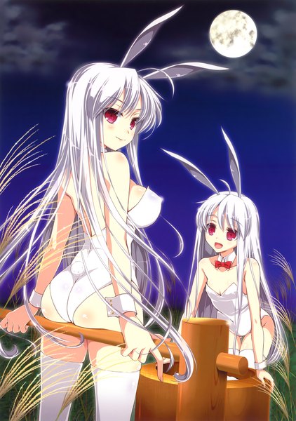 Anime picture 3240x4601 with original eshi 100-nin ten sasahiro long hair tall image highres breasts open mouth light erotic red eyes multiple girls absurdres white hair night bunny ears bunny girl bunny tail tsukimi girl thighhighs