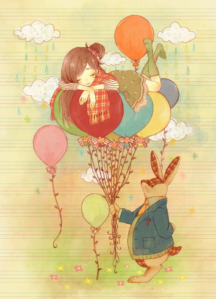 Anime picture 1000x1384 with original cako asida long hair tall image brown hair cloud (clouds) lying eyes closed rain sleeping girl flower (flowers) socks suit bunny balloon
