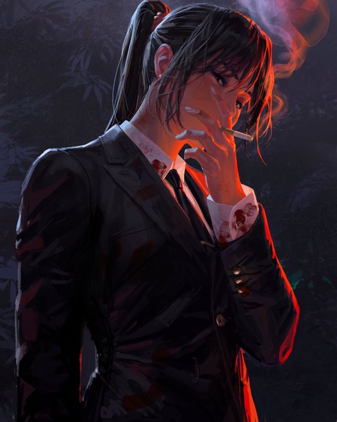 Anime picture 3277x4096 with original guweiz single long hair tall image looking at viewer fringe highres black hair hair between eyes standing payot absurdres ponytail long sleeves black eyes realistic smoke covered mouth smoking