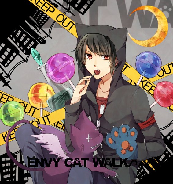 Anime picture 1000x1060 with nico nico singer bis (nico nico singer) single tall image short hair black hair red eyes brown hair sitting brown eyes animal ears cat ears grey background cityscape crescent silhouette boy animal wings pendant